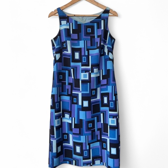Vintage Allure 90s Blue Purple Geometric Square Abstract Sleeveless Dress 8 - Picture 1 of 17